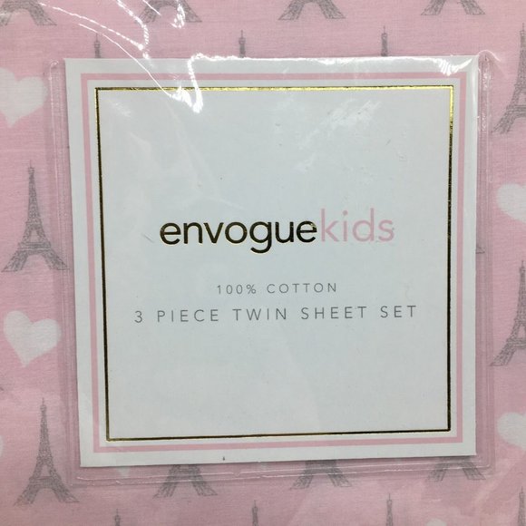 3pc Pink Paris TWIN Sheet Pillowcase Set Gray Eiffel Tower Heart Bedding Envogue - Picture 2 of 5